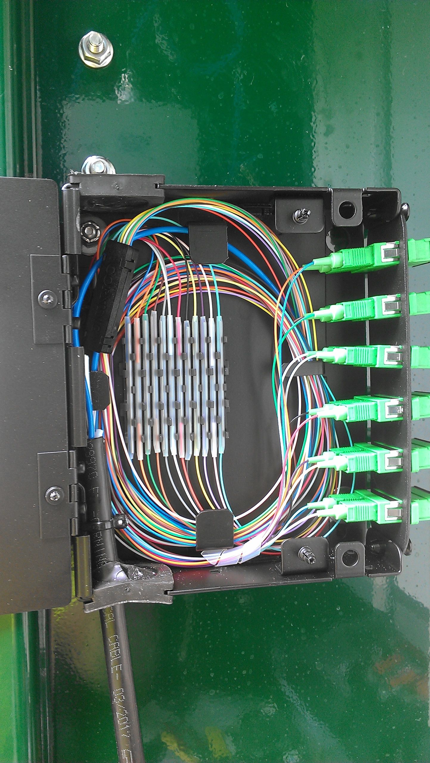 Electrical junction box with multicolored wires and fiber optic cables